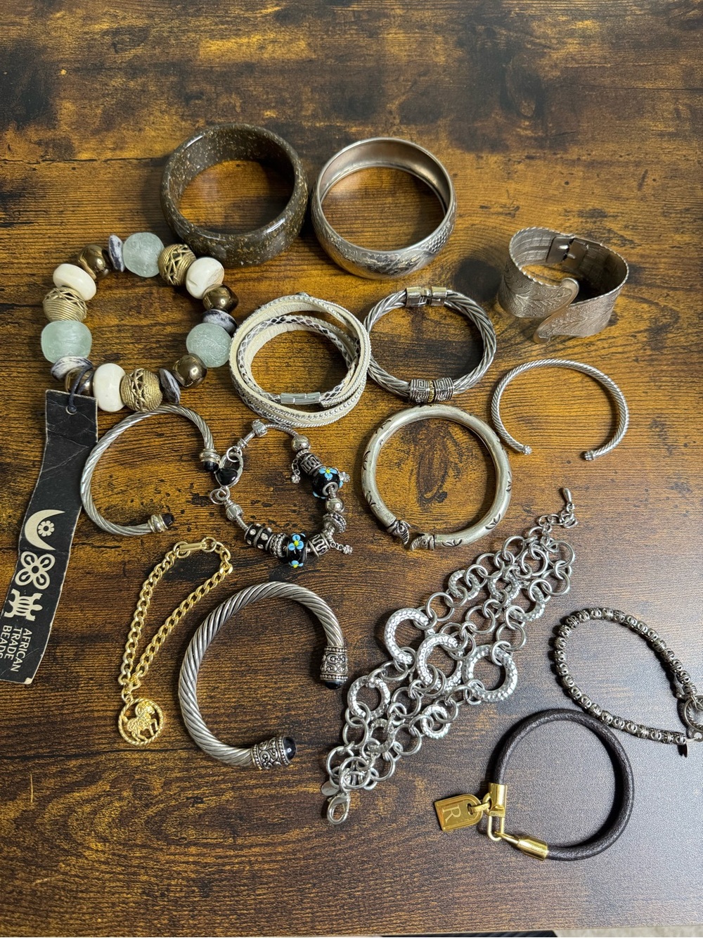 Vintage Mixed Boho Bracelets Lot - Silver, Gold, Brown, Cream